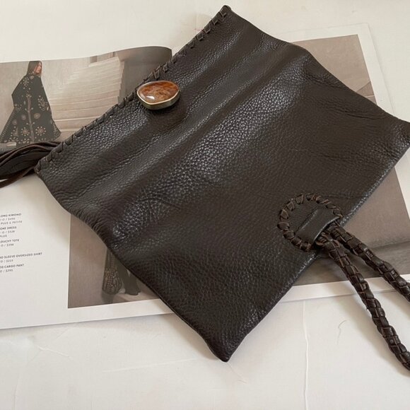 ARTISAN Pebbled Leather Brown Clutch with Petrified Wood Jasper Clasp is NWOT! - Picture 4 of 7